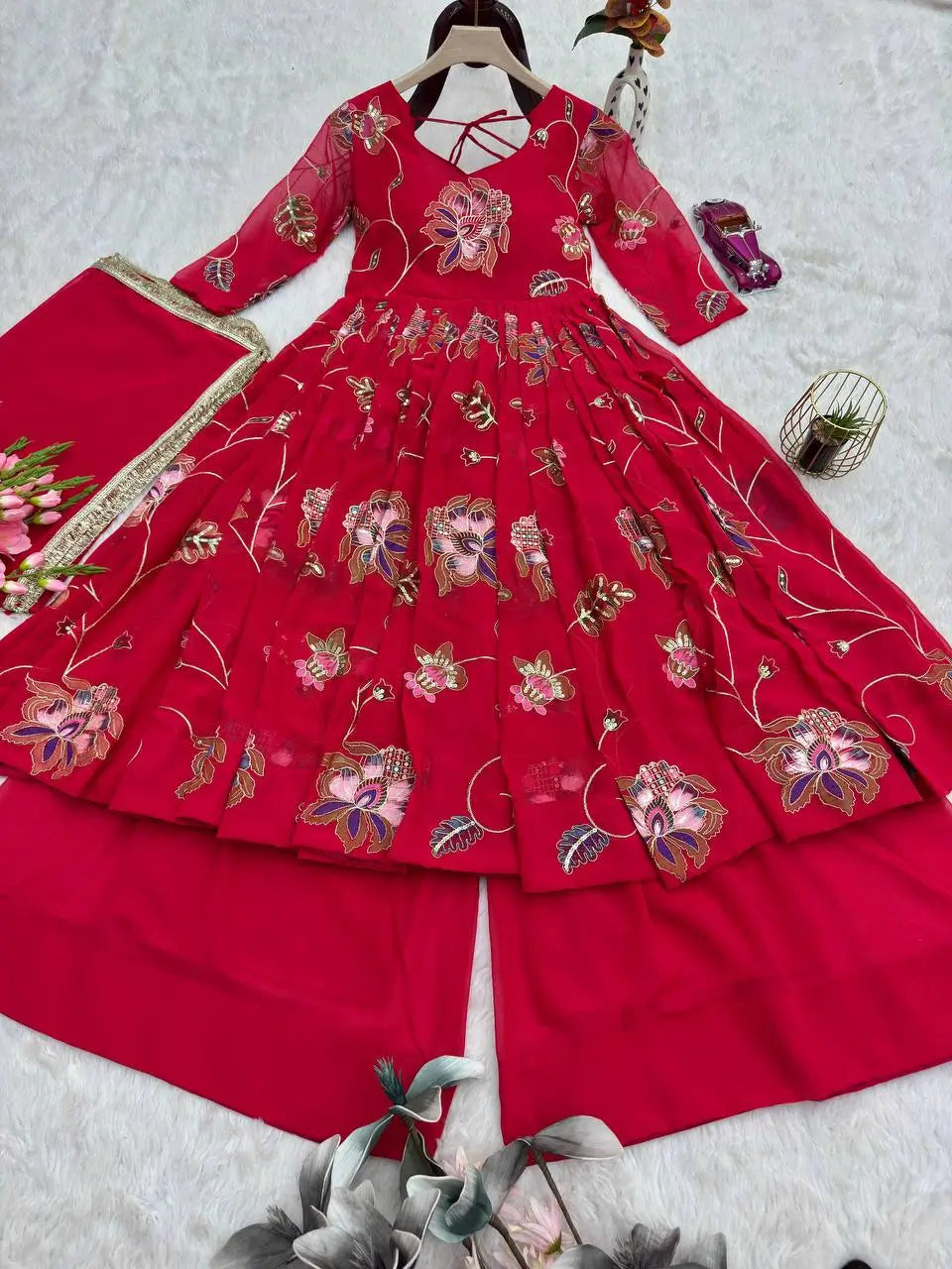 Heavy Fox Georgette Embroidered Gown with Sharara & Dupatta Set