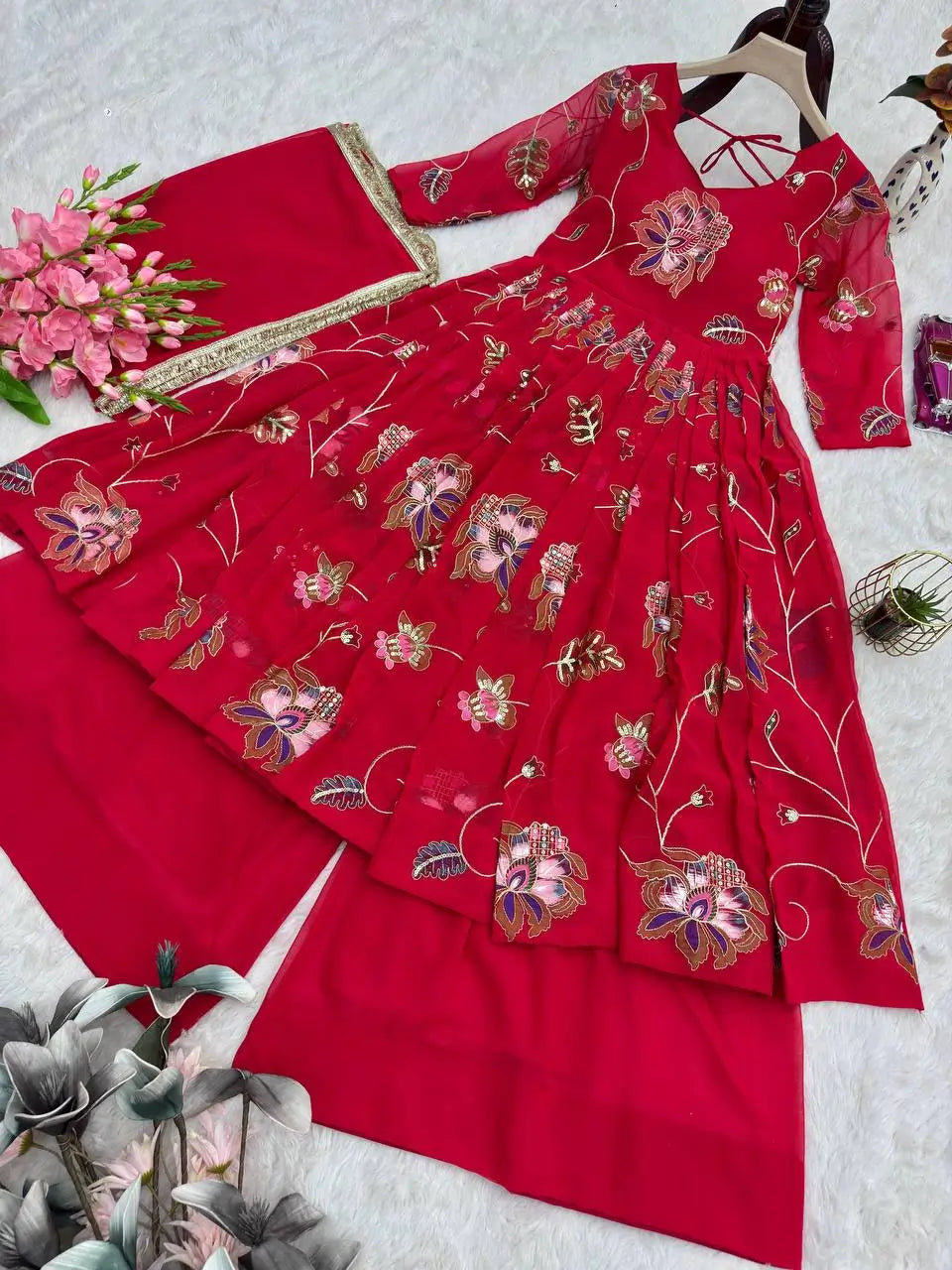 Heavy Fox Georgette Embroidered Gown with Sharara & Dupatta Set