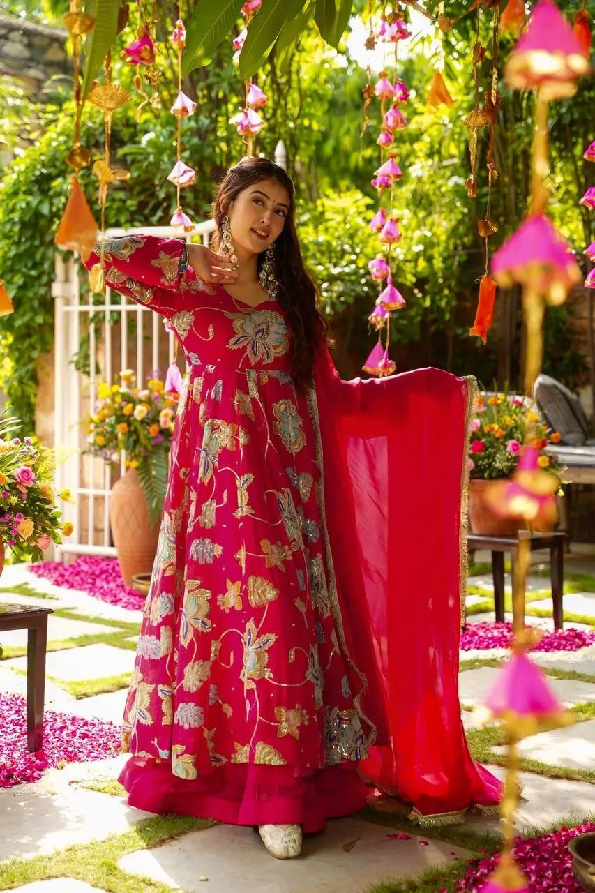 Heavy Fox Georgette Embroidered Gown with Sharara & Dupatta Set