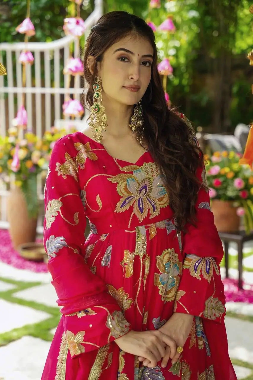 Heavy Fox Georgette Embroidered Gown with Sharara & Dupatta Set