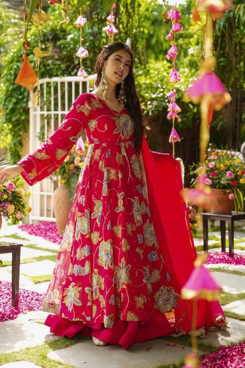 Heavy Fox Georgette Embroidered Gown with Sharara & Dupatta Set