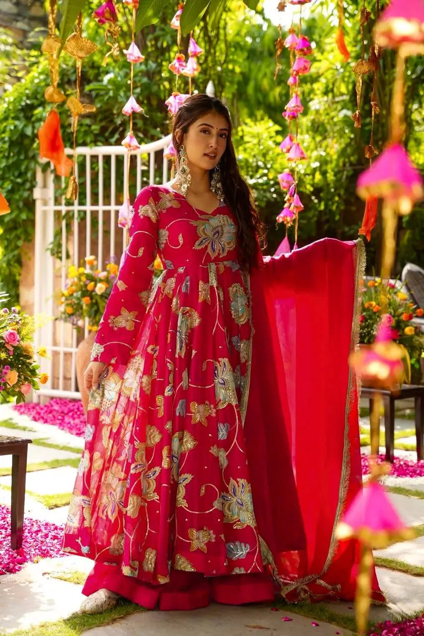 Heavy Fox Georgette Embroidered Gown with Sharara & Dupatta Set