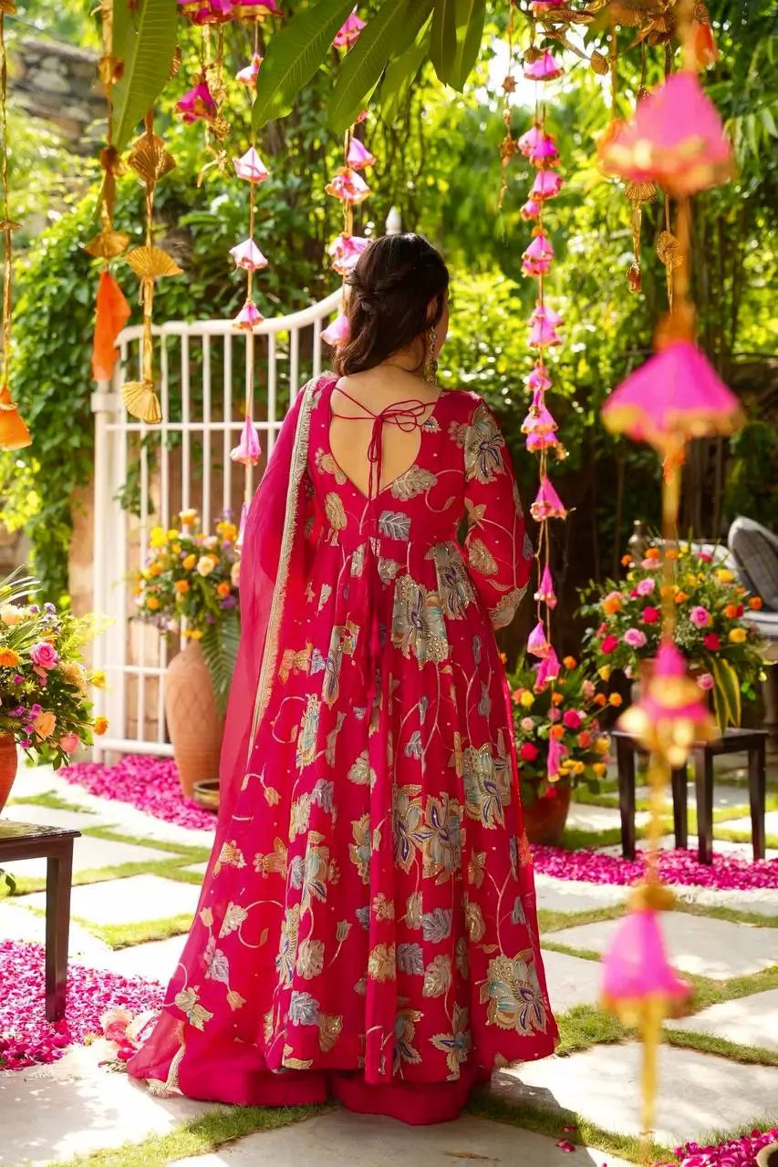 Heavy Fox Georgette Embroidered Gown with Sharara & Dupatta Set