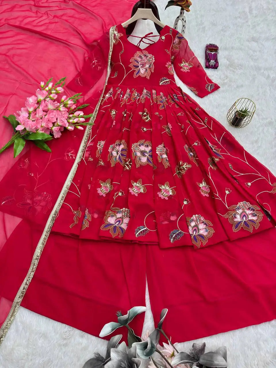 Heavy Fox Georgette Embroidered Gown with Sharara & Dupatta Set