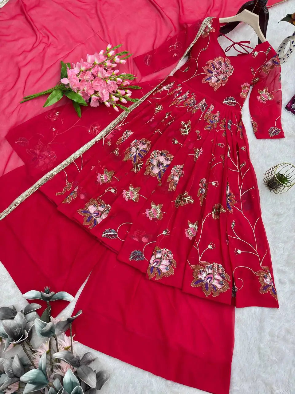 Heavy Fox Georgette Embroidered Gown with Sharara & Dupatta Set