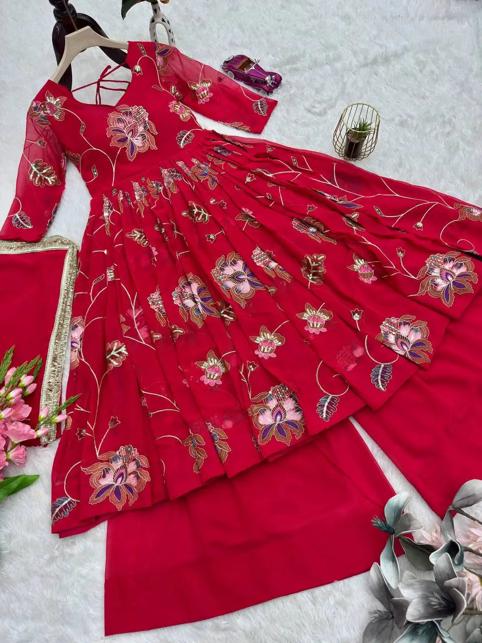 Heavy Fox Georgette Embroidered Gown with Sharara & Dupatta Set