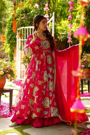 Heavy Fox Georgette Embroidered Gown with Sharara & Dupatta Set