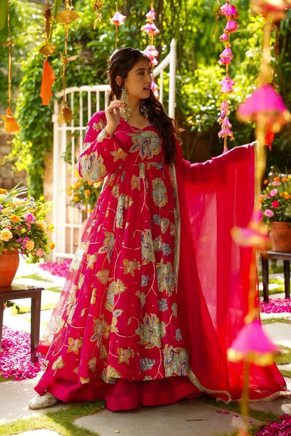 Heavy Fox Georgette Embroidered Gown with Sharara & Dupatta Set