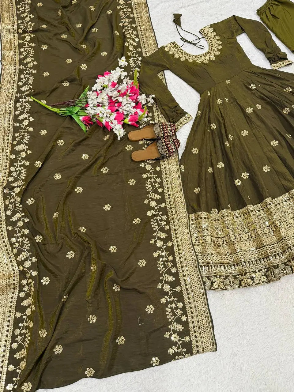 Heavy NC Vichitra Silk Embroidered Anarkali Suit Set with Dupatta