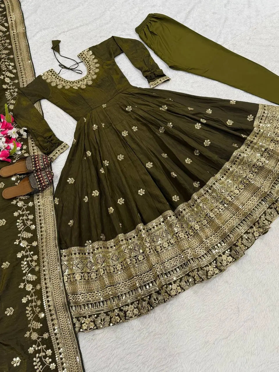 Heavy NC Vichitra Silk Embroidered Anarkali Suit Set with Dupatta