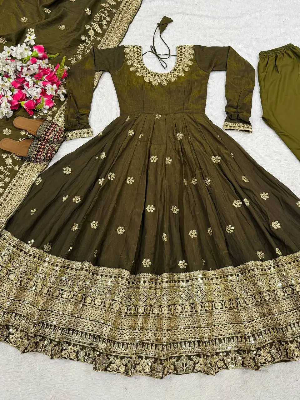 Heavy NC Vichitra Silk Embroidered Anarkali Suit Set with Dupatta