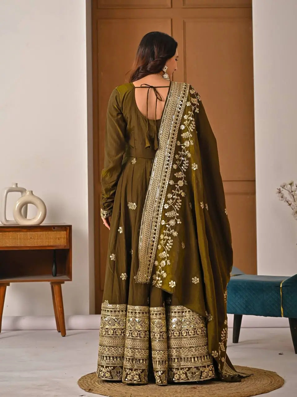 Heavy NC Vichitra Silk Embroidered Anarkali Suit Set with Dupatta