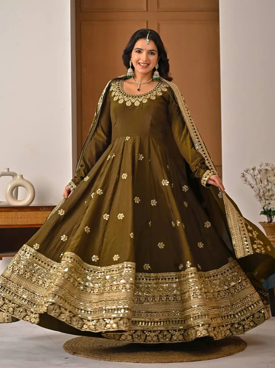 Heavy NC Vichitra Silk Embroidered Anarkali Suit Set with Dupatta