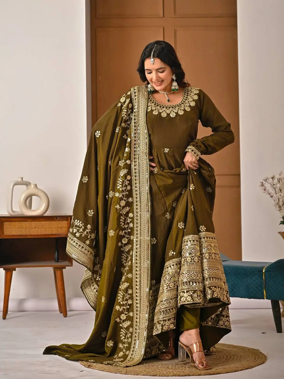 Heavy NC Vichitra Silk Embroidered Anarkali Suit Set with Dupatta