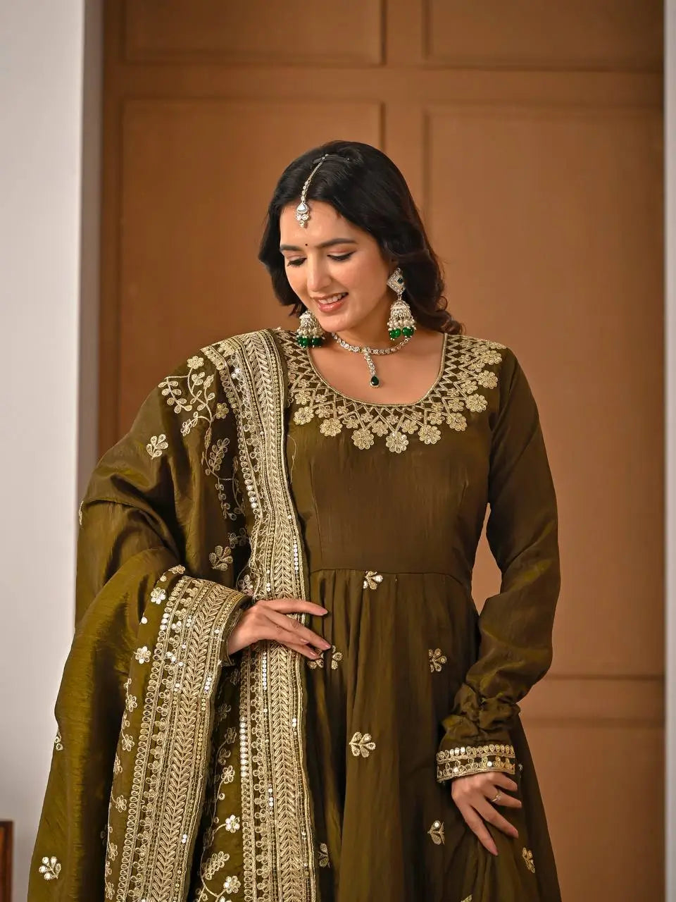 Heavy NC Vichitra Silk Embroidered Anarkali Suit Set with Dupatta