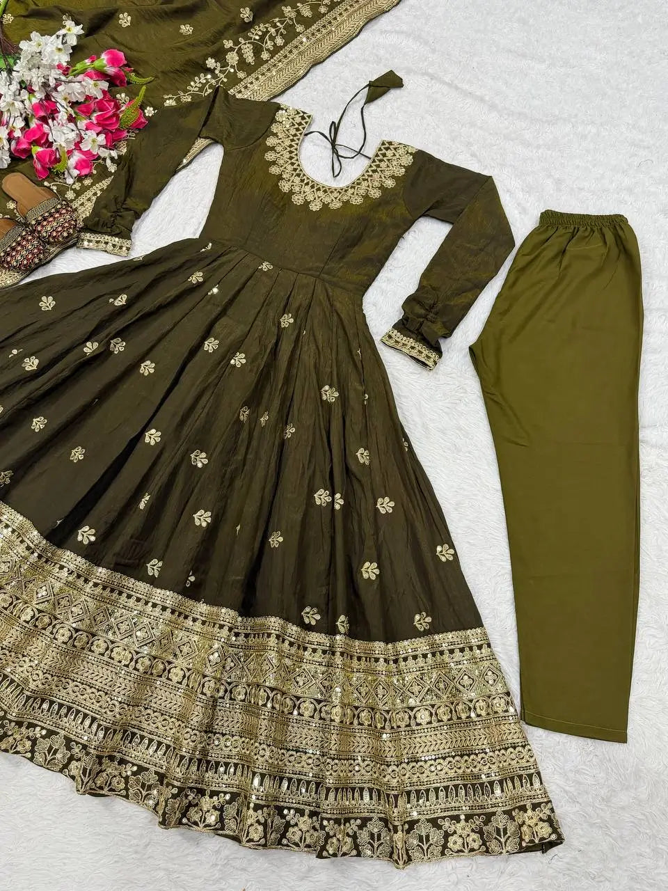 Heavy NC Vichitra Silk Embroidered Anarkali Suit Set with Dupatta