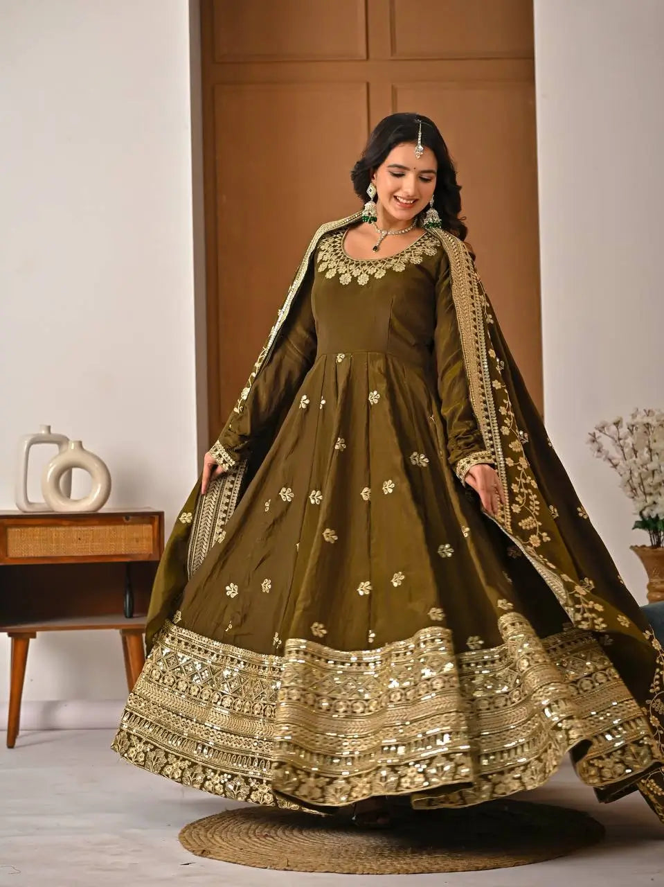 Heavy NC Vichitra Silk Embroidered Anarkali Suit Set with Dupatta