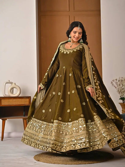 Heavy NC Vichitra Silk Embroidered Anarkali Suit Set with Dupatta