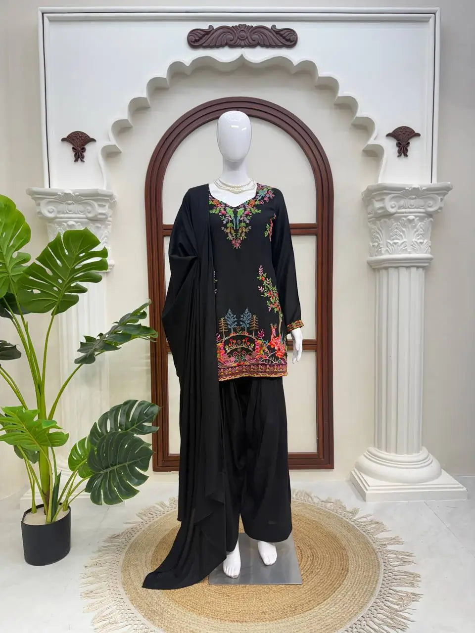 Heavy Rayon Thread Work Sharara Set Black