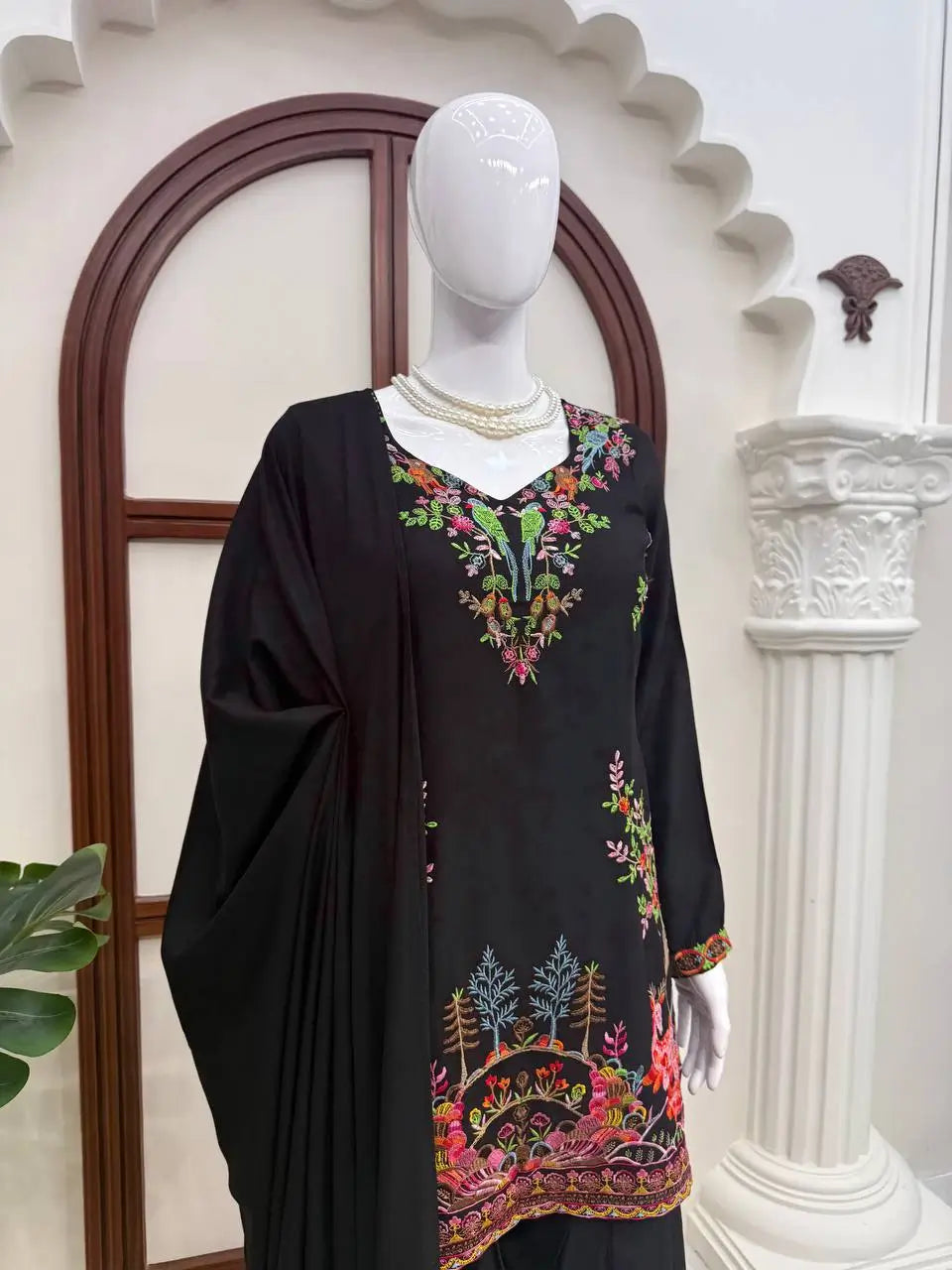 Heavy Rayon Thread Work Sharara Set Black
