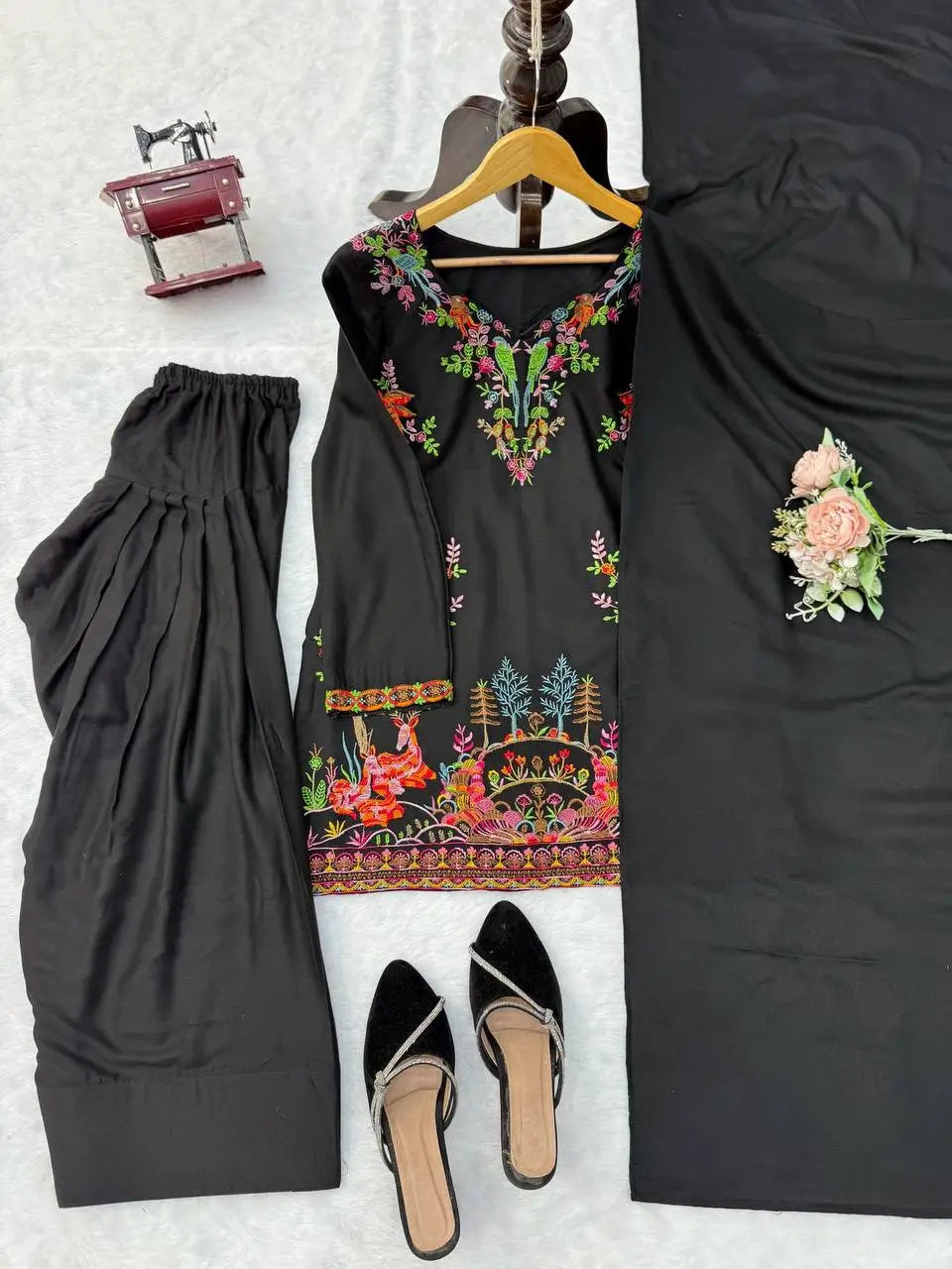 Heavy Rayon Thread Work Sharara Set Black