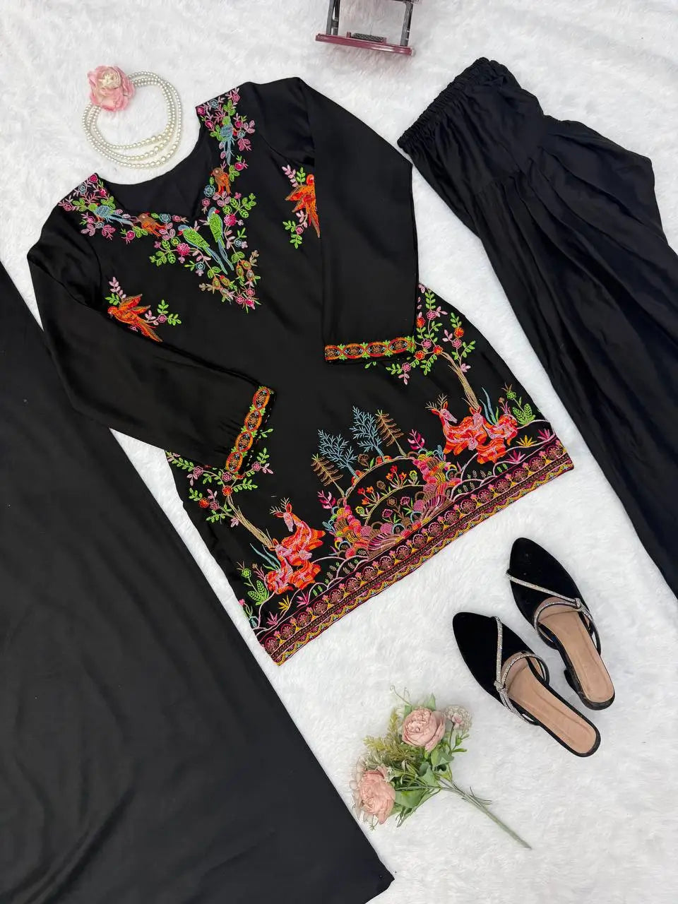 Heavy Rayon Thread Work Sharara Set Black