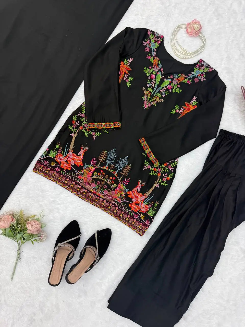 Heavy Rayon Thread Work Sharara Set Black