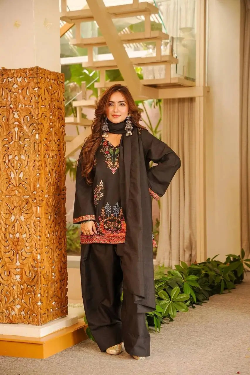 Heavy Rayon Thread Work Sharara Set Black