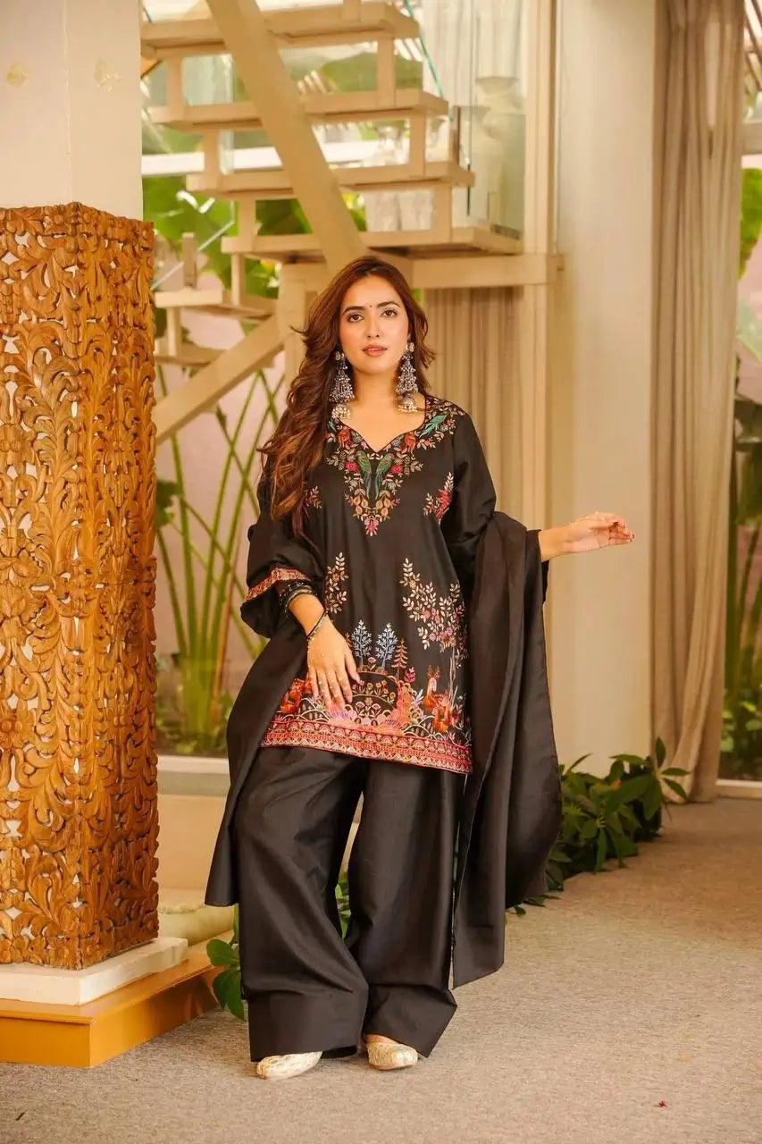 Heavy Rayon Thread Work Sharara Set Black