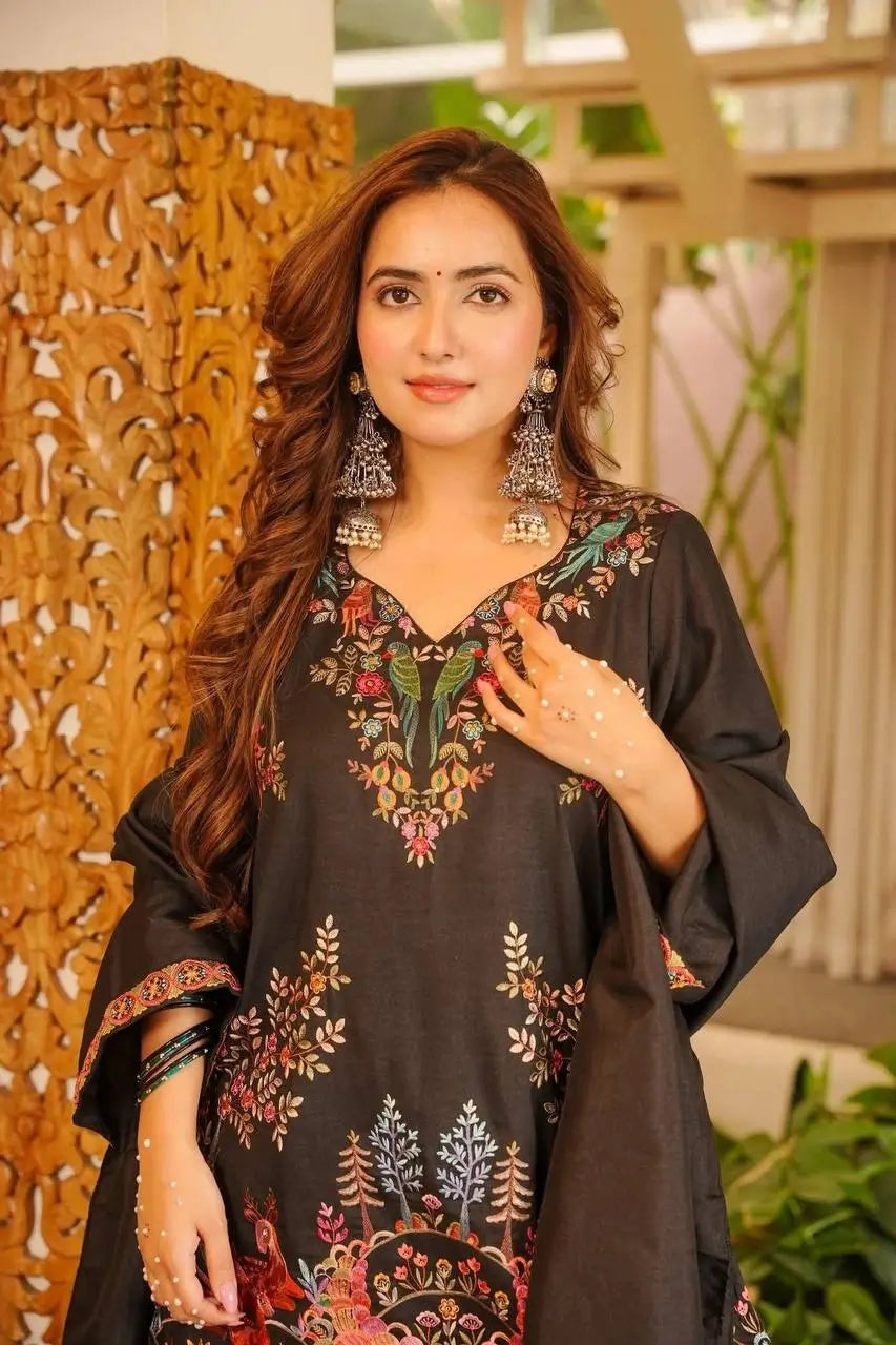 Heavy Rayon Thread Work Sharara Set Black