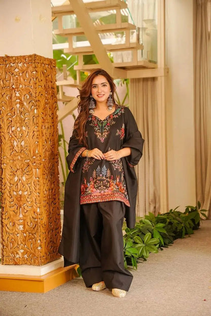 Heavy Rayon Thread Work Sharara Set Black