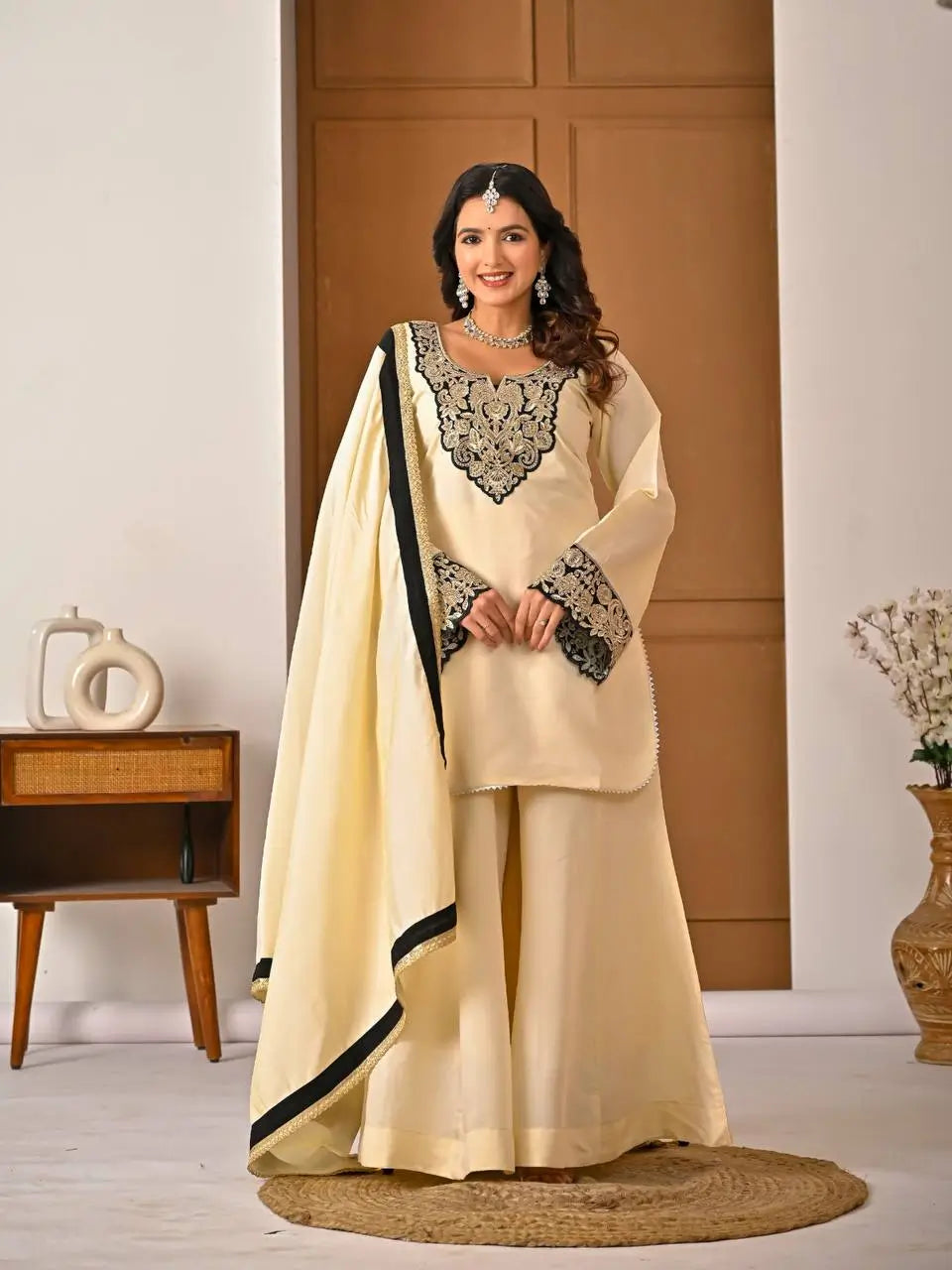 Heavy Roman Silk Sharara Palazzo Suit Set with Embroidery & Diamond Work Dupatta