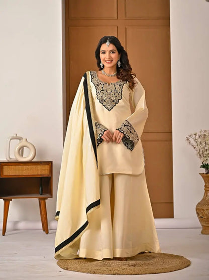 Heavy Roman Silk Sharara Palazzo Suit Set with Embroidery & Diamond Work Dupatta