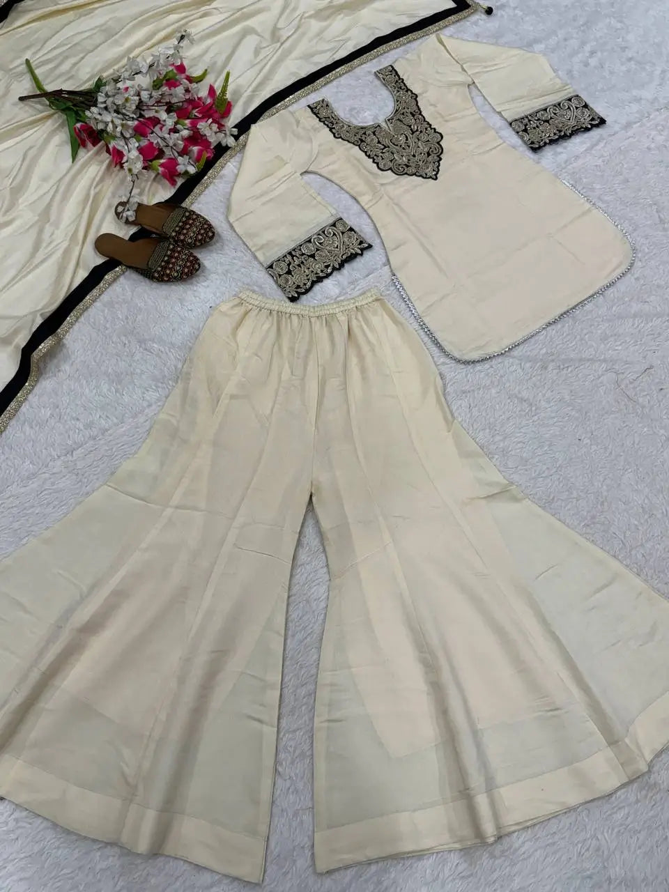 Heavy Roman Silk Sharara Palazzo Suit Set with Embroidery & Diamond Work Dupatta