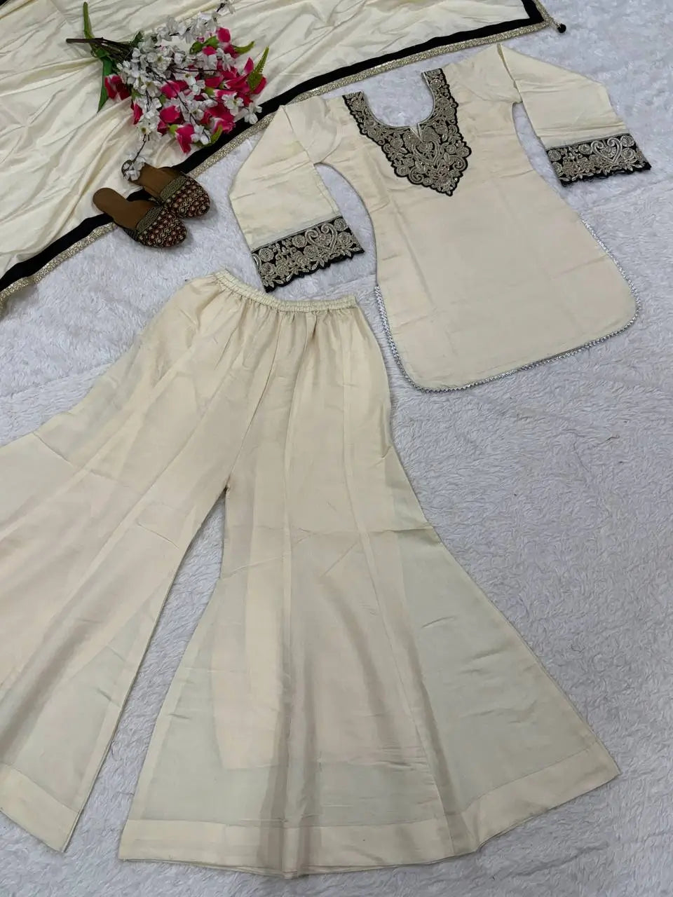 Heavy Roman Silk Sharara Palazzo Suit Set with Embroidery & Diamond Work Dupatta