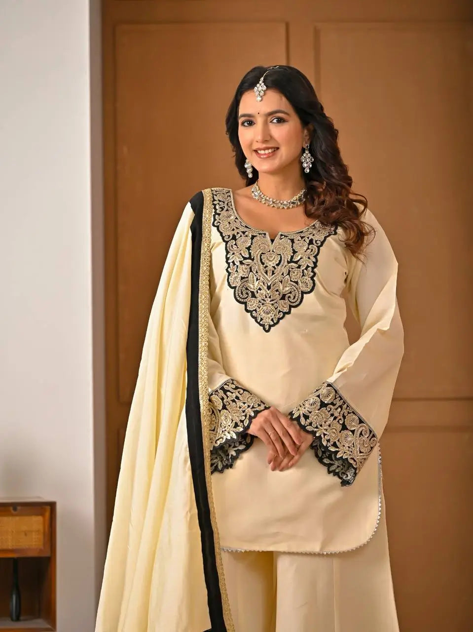 Heavy Roman Silk Sharara Palazzo Suit Set with Embroidery & Diamond Work Dupatta