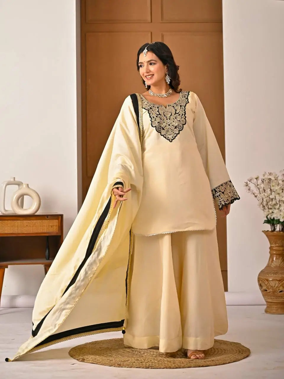Heavy Roman Silk Sharara Palazzo Suit Set with Embroidery & Diamond Work Dupatta