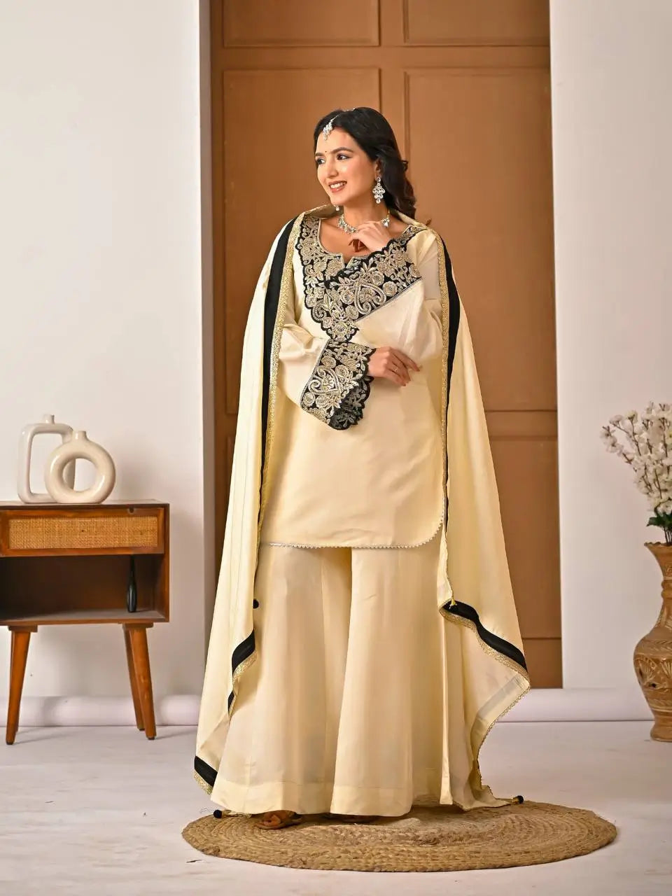 Heavy Roman Silk Sharara Palazzo Suit Set with Embroidery & Diamond Work Dupatta