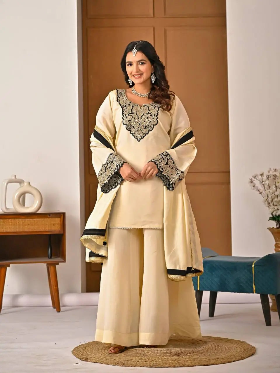 Heavy Roman Silk Sharara Palazzo Suit Set with Embroidery & Diamond Work Dupatta