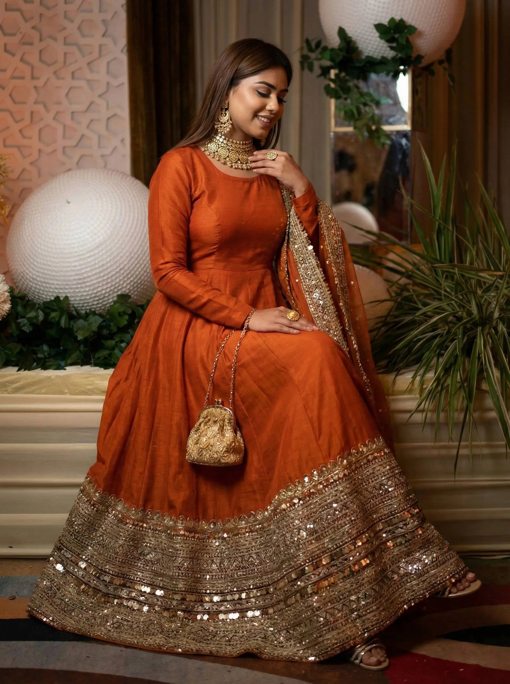 Heavy Sequence Work Border Roman Silk Anarkali set With Dupatta For Partywear