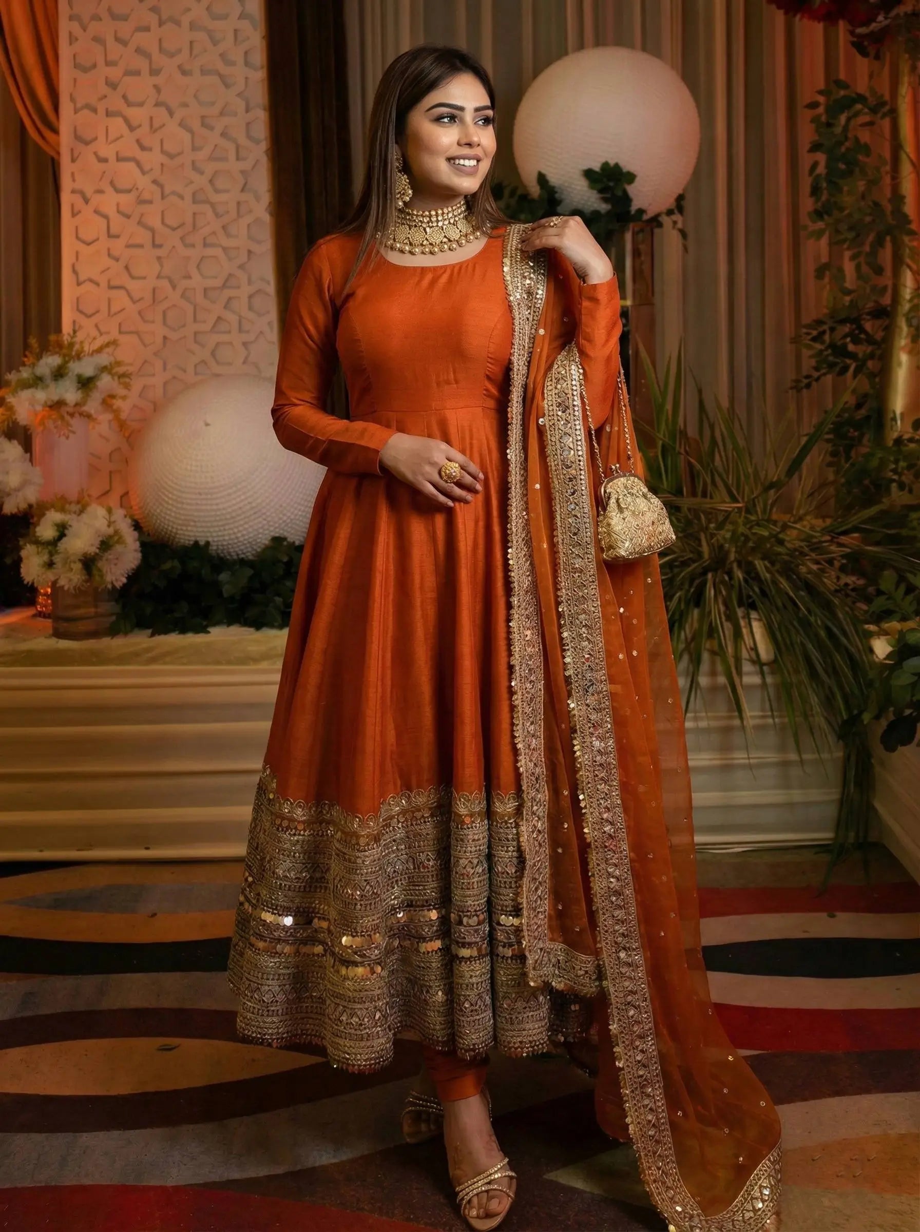 Heavy Sequence Work Border Roman Silk Anarkali set With Dupatta For Partywear