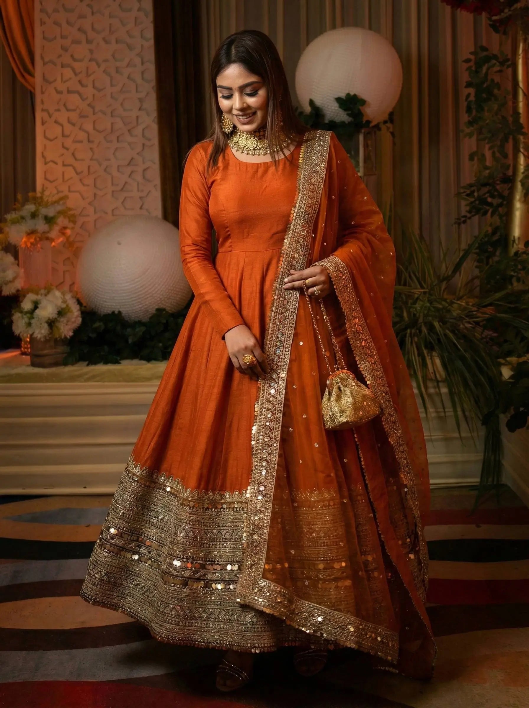 Heavy Sequence Work Border Roman Silk Anarkali set With Dupatta For Partywear