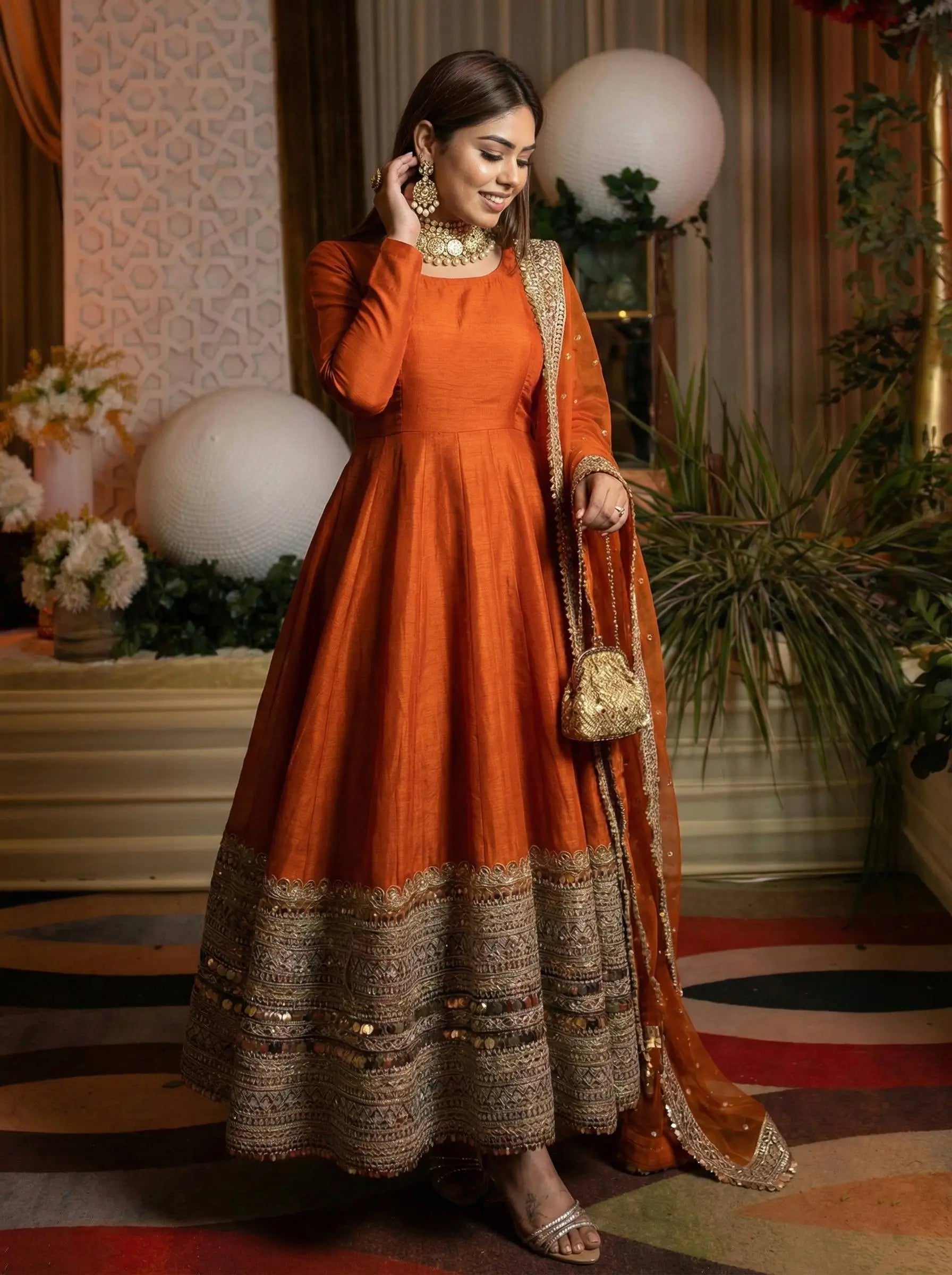 Heavy Sequence Work Border Roman Silk Anarkali set With Dupatta For Partywear