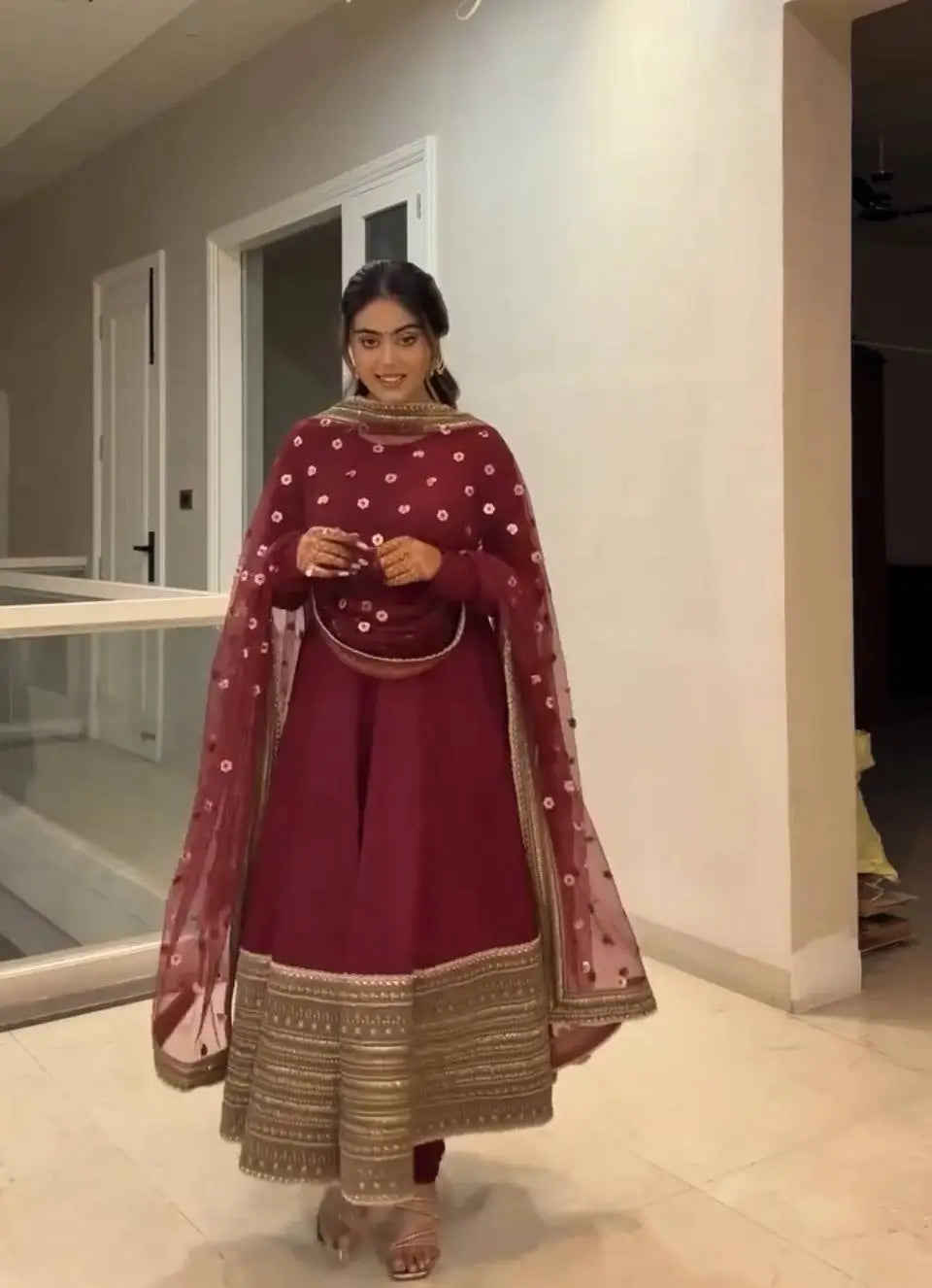 Heavy Sequence Work Border Roman Silk Anarkali set With Dupatta For Partywear