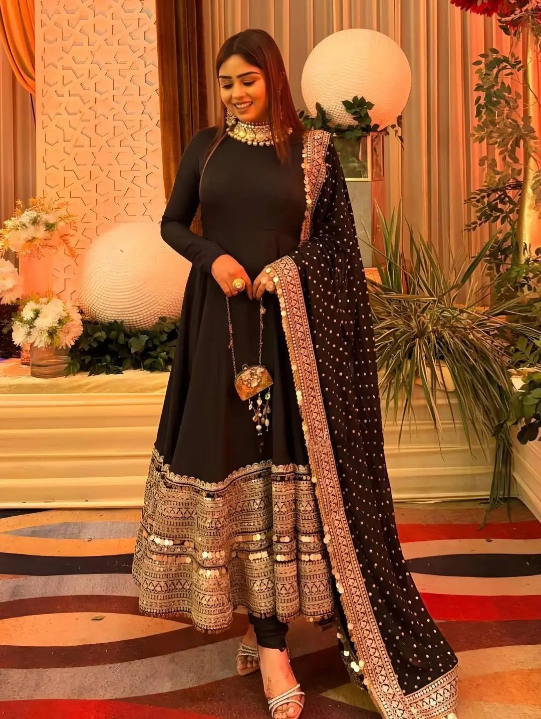 Heavy Sequence Work Border Roman Silk Anarkali set With Dupatta For Partywear