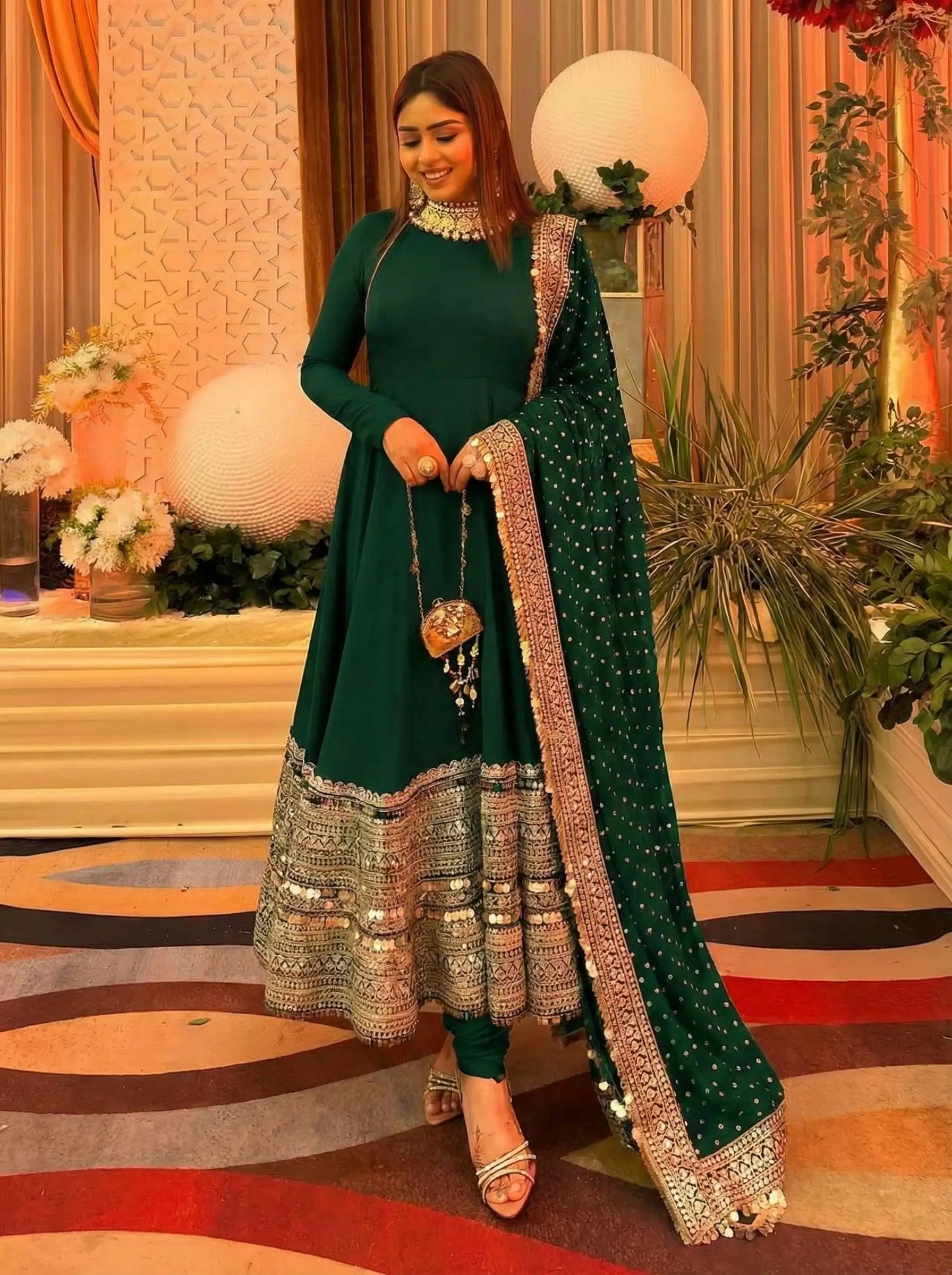 Heavy Sequence Work Border Roman Silk Anarkali set With Dupatta For Partywear