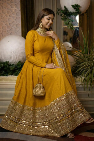 Heavy Sequence Work Border Roman Silk Anarkali set With Dupatta For Partywear