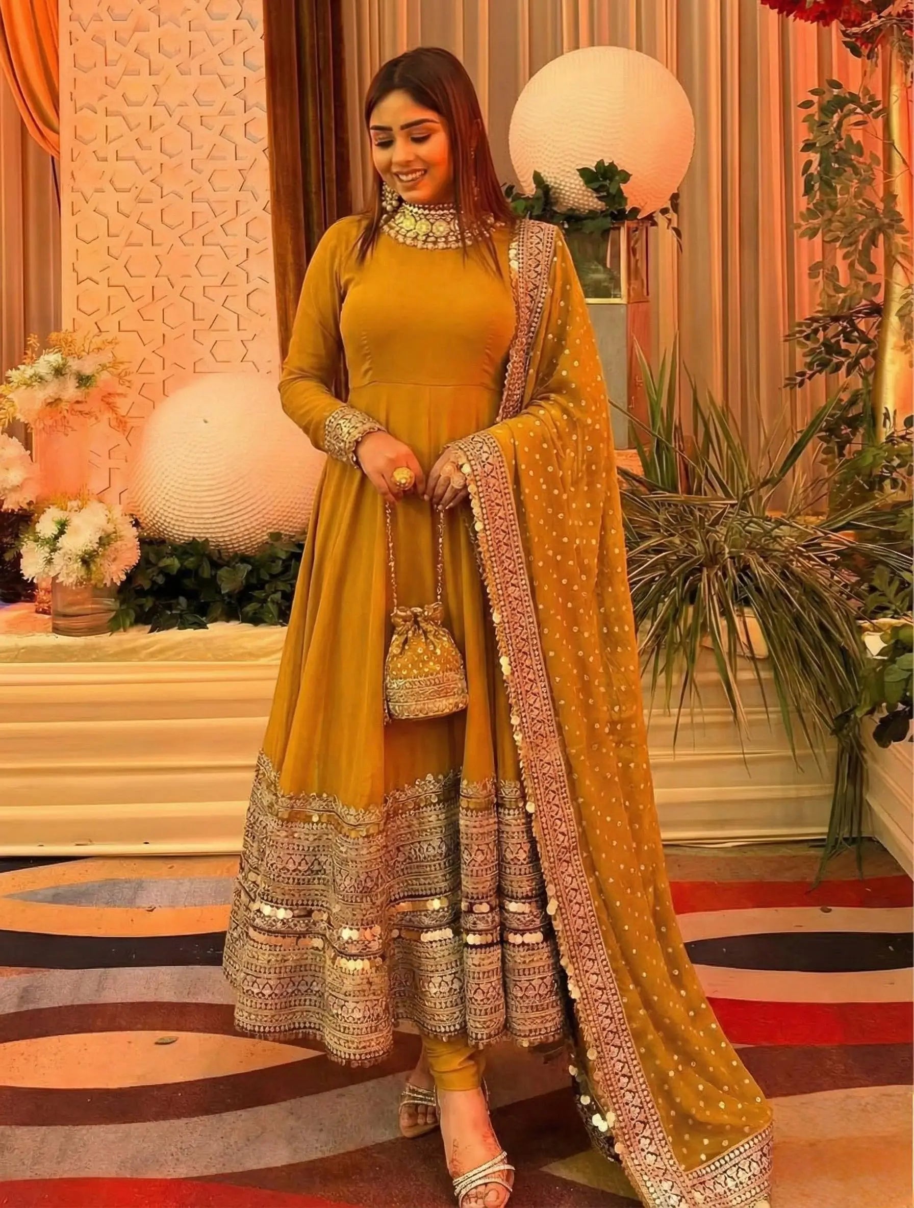 Heavy Sequence Work Border Roman Silk Anarkali set With Dupatta For Partywear