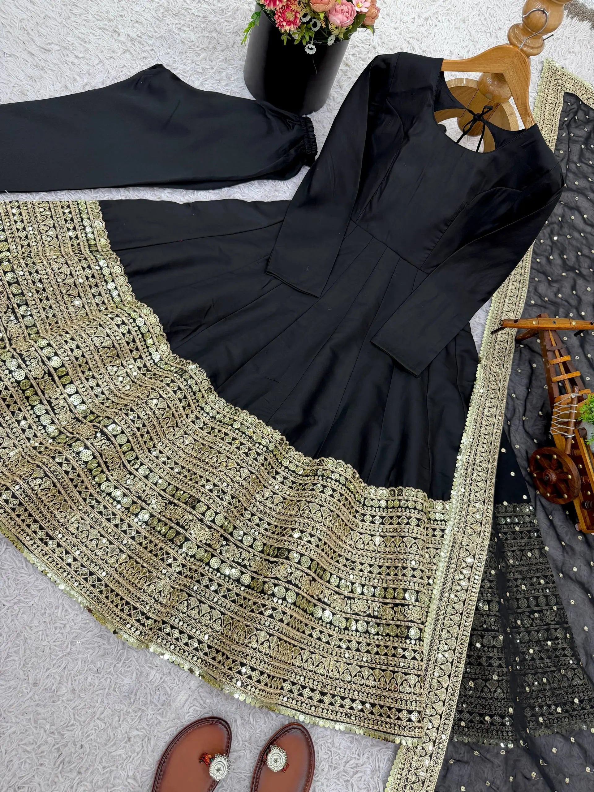 Heavy Sequence Work Border Roman Silk Anarkali set With Dupatta For Partywear