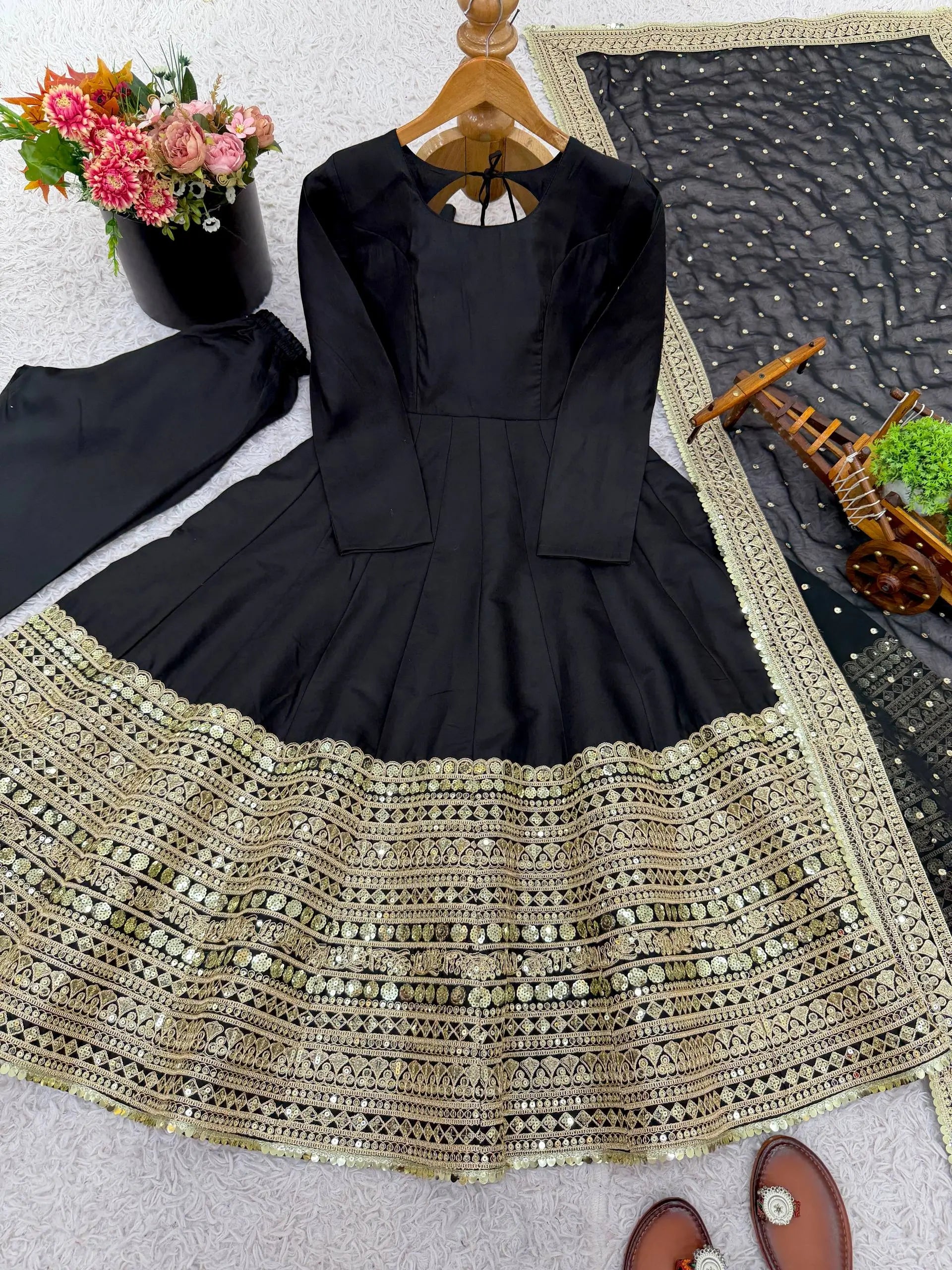 Heavy Sequence Work Border Roman Silk Anarkali set With Dupatta For Partywear